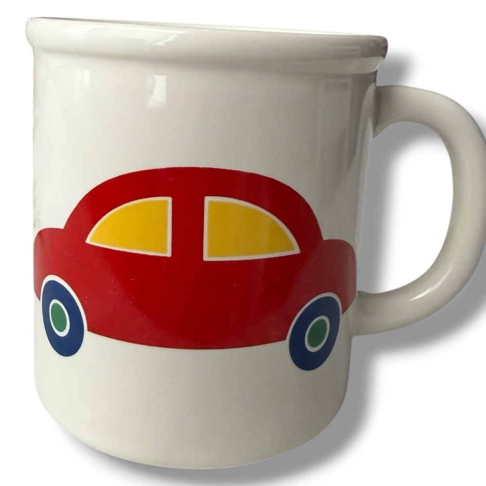 Vintage 80s Marimekko Car Mug White Ceramic Mug with Red Car Graphic